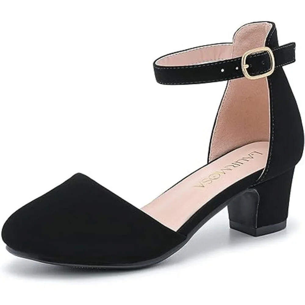 Laurmosa Big Girls Size 2 Black Faux Suede Closed Toe Ankle Strap 2
